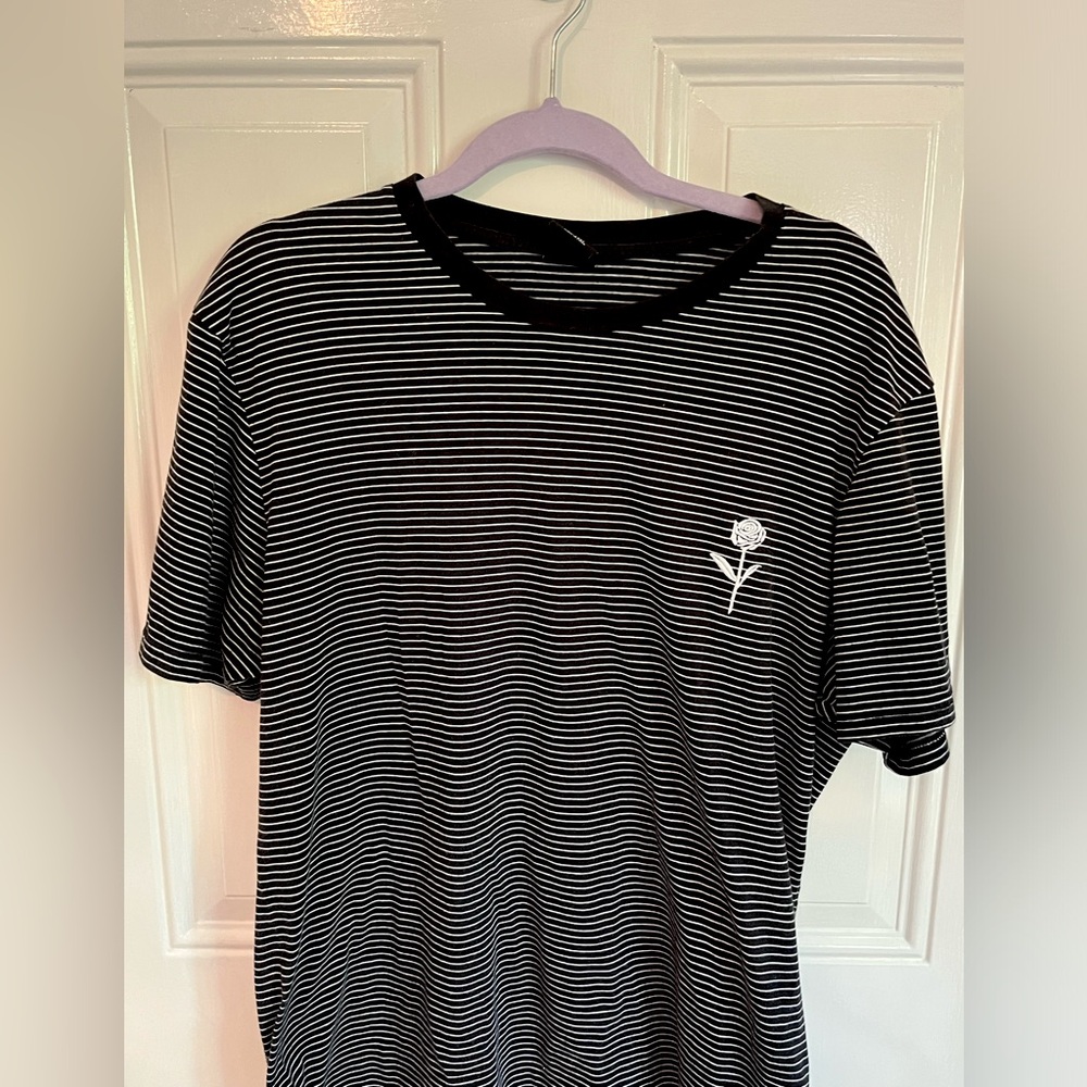 Black and White Stripe Shirt with White Rose Embroidery